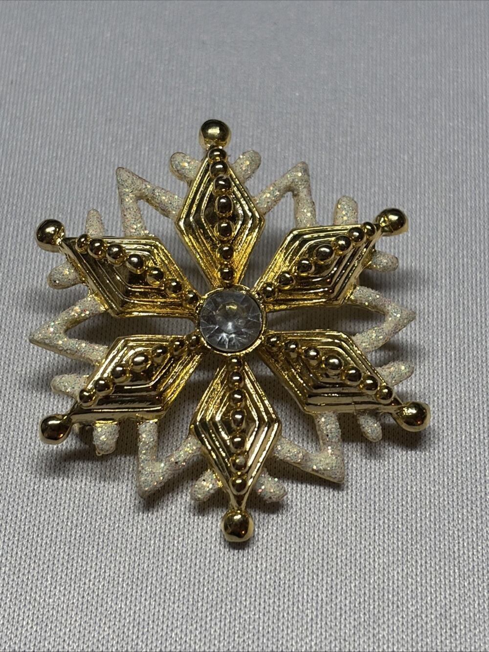 Vintage SFJ Snowflake Brooch Gold Tone Glitter Enamel Clear Rhinestone Holiday